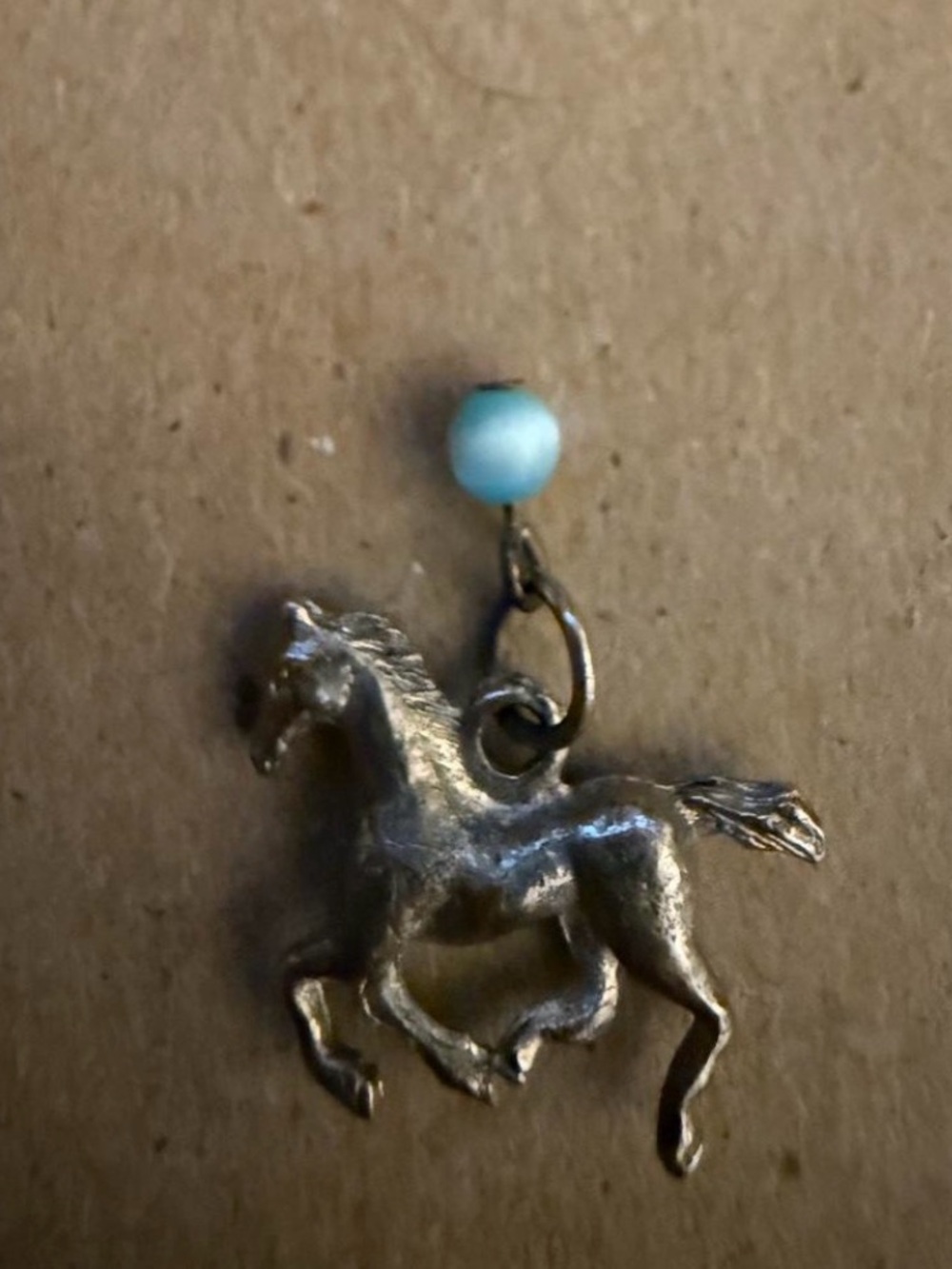 Silver Horse Charm Necklace Pendant with Light Blue Bead